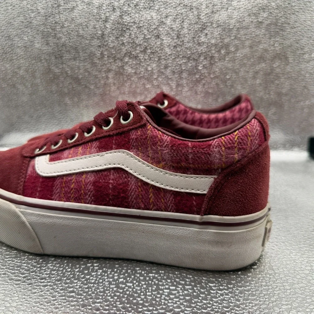 Size 7 Vans Ward Platform Plaid Mix Port Burgundy Suede Womens Sneakers 721356